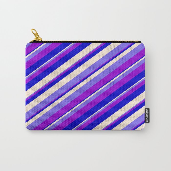 Beige, Medium Slate Blue, Dark Violet & Blue Colored Stripes Pattern Carry-All Pouch
