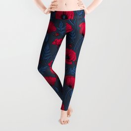 Red poppies and ladybugs on dark blue Leggings