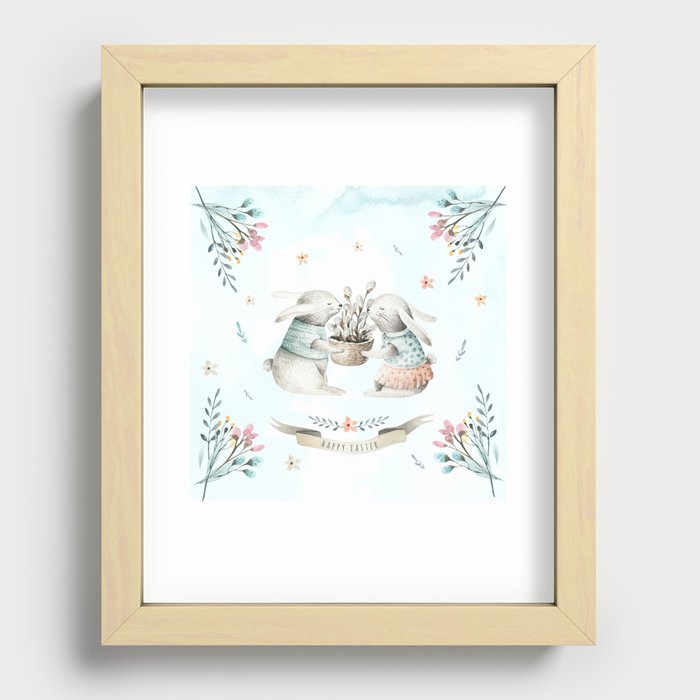 Happy Easter Bunny Rabbits with Flowers Recessed Framed Print