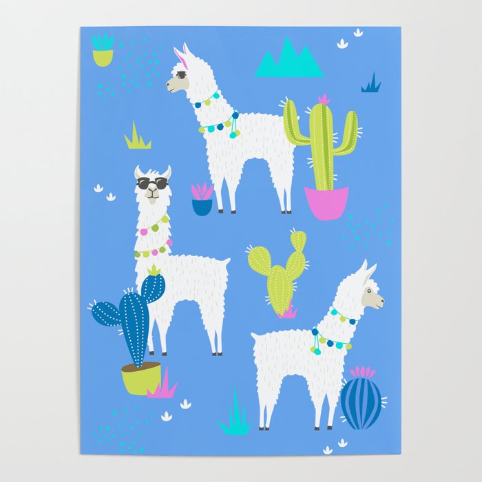 Desert Llamas on Blue Poster