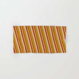 [ Thumbnail: Red, Tan, and Dark Goldenrod Colored Lined Pattern Hand & Bath Towel ]
