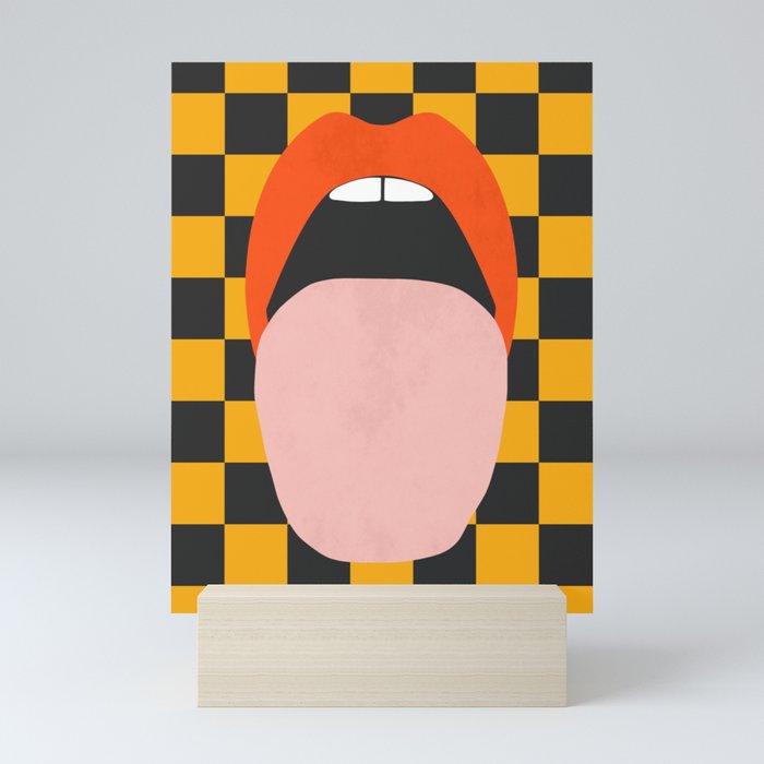 Funky minimalist pop art sexy lips tongue black yellow check Mini Art Print
