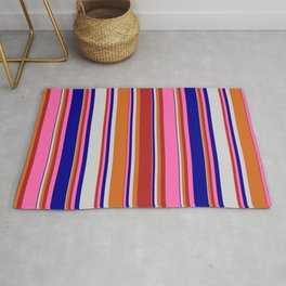 [ Thumbnail: Eyecatching Chocolate, Red, Hot Pink, Dark Blue & Light Gray Colored Lines/Stripes Pattern Rug ]