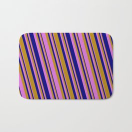 [ Thumbnail: Dark Goldenrod, Orchid, and Blue Colored Striped/Lined Pattern Bath Mat ]