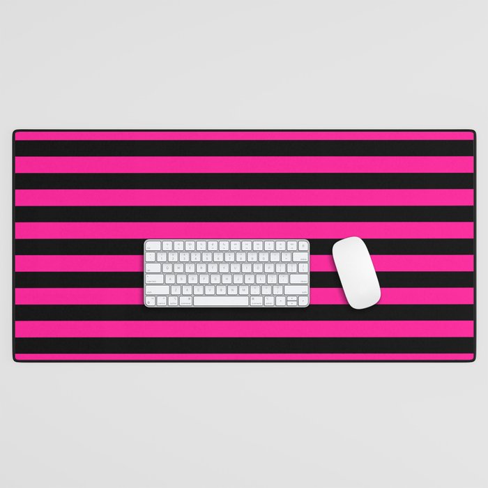 Deep Pink and Black Horizontal Stripe Pattern Desk Mat