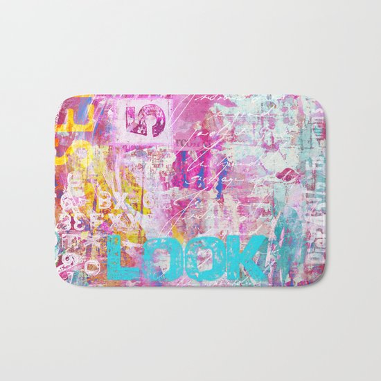 colorful mixed media typography Bath Mat