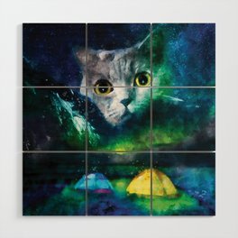Giant Cat and mountain night Wood Wall Art