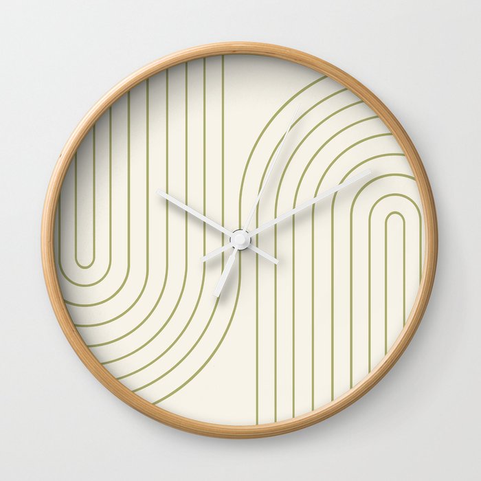 Minimal Line Curvature LXXXVII Creme & Green Mid Century Modern Arch Abstract Wall Clock