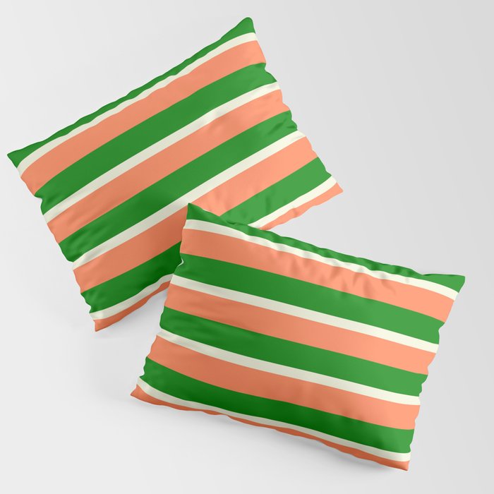 Beige, Coral, and Green Colored Stripes/Lines Pattern Pillow Sham
