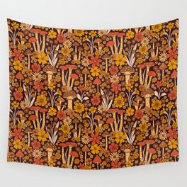 Retro 1970s Brown & Orange Mushrooms & Flowers Wall Tapestry