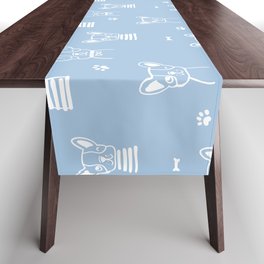 Pale Blue and White Hand Drawn Dog Puppy Pattern Table Runner