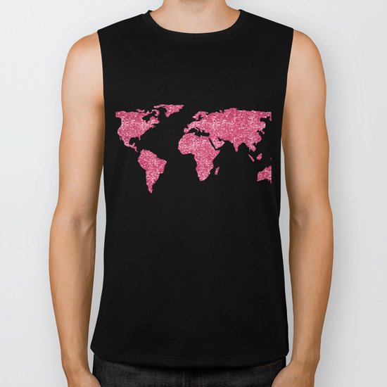 World Map Hot Pink Glitter Sparkles Biker Tank