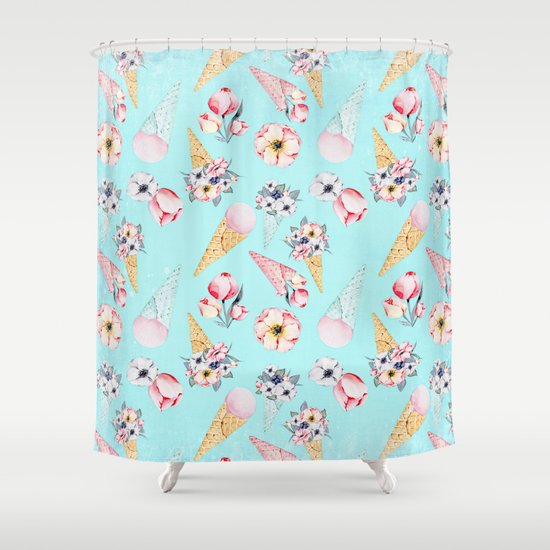 Pink  Teal Summer Fun Flower Ice Cream Cone  Pattern Shower Curtain by UtArt  Society6