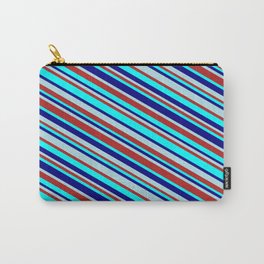 [ Thumbnail: Powder Blue, Red, Aqua, and Blue Colored Lined Pattern Carry-All Pouch ]