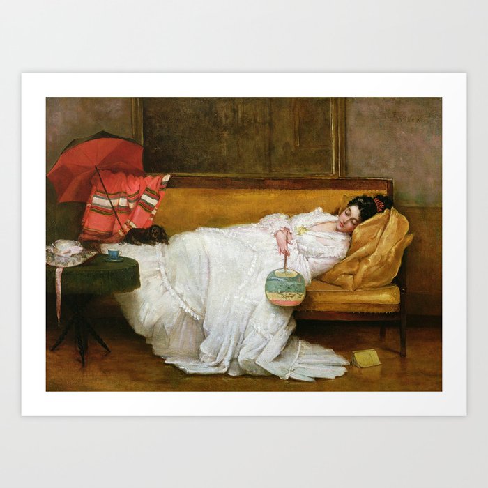 Alfred Emile Stevens, Girl in a white dress resting on a sofa Art Print