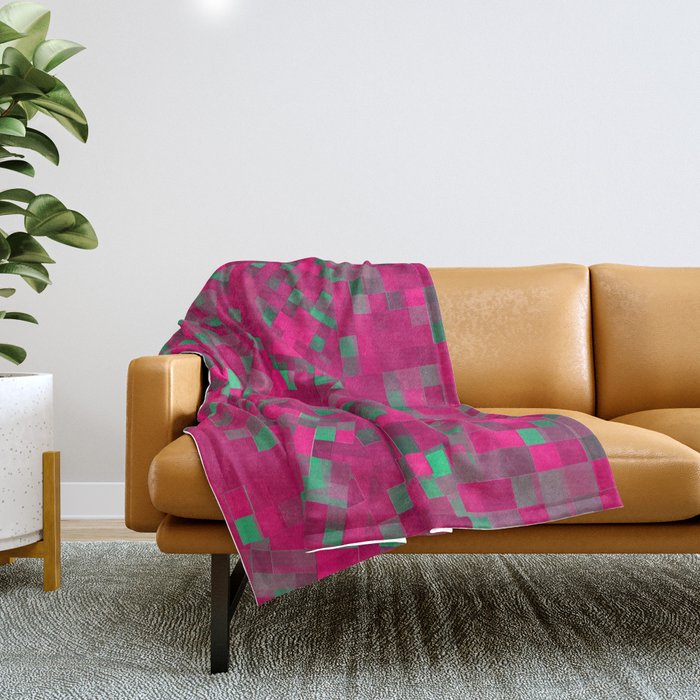 geometric pixel square pattern abstract background in pink green Throw Blanket