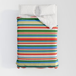 [ Thumbnail: Colorful Blue, Tan, Red, White, and Dark Green Colored Striped/Lined Pattern Duvet Cover ]