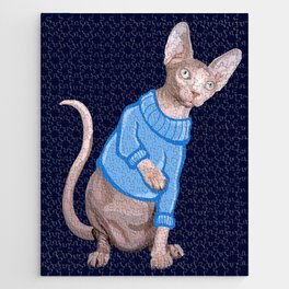 Cute Sphynx Cat with Blue Knit Sweater  Jigsaw Puzzle