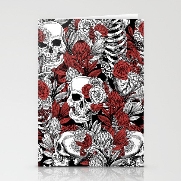 Skulls and Flowers Black White Red Gothic Floral Skulls Vintage Stationery Cards