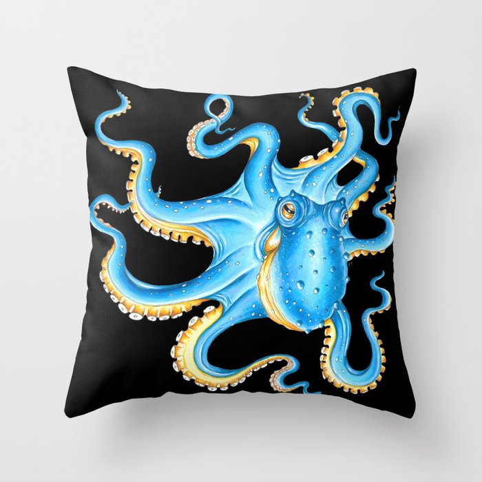 Blue Octopus Kraken Aquatic Marine On Black Ink Art Throw Pillow