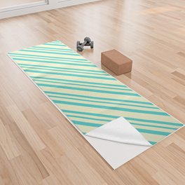 [ Thumbnail: Light Yellow and Turquoise Colored Lined Pattern Yoga Towel ]
