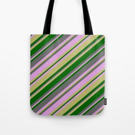 [ Thumbnail: Dim Grey, Plum, Dark Khaki & Dark Green Colored Striped/Lined Pattern Tote Bag ]