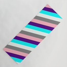 [ Thumbnail: Colorful Indigo, Cyan, Mint Cream, Grey, and Light Pink Colored Lined/Striped Pattern Yoga Mat ]