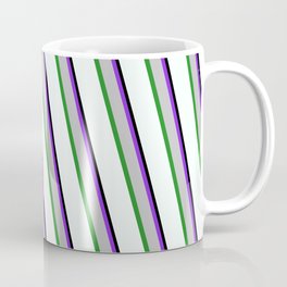 [ Thumbnail: Eye-catching Purple, Grey, Forest Green, Mint Cream, and Black Colored Lined/Striped Pattern Coffee Mug ]
