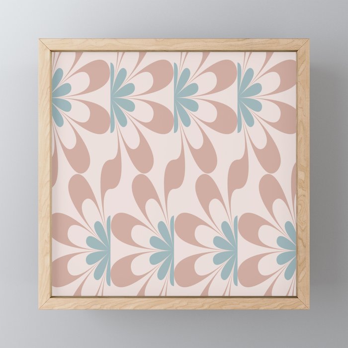 Mid Century Modern Abstract Flower Fan Pattern in Muted Blush Pink Teal Blue Framed Mini Art Print