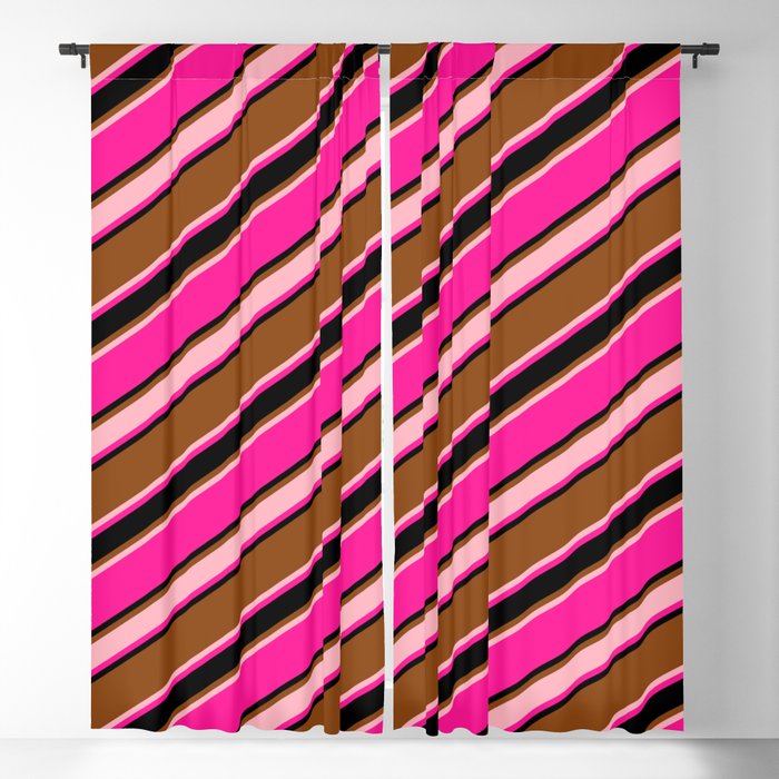 Brown, Light Pink, Deep Pink & Black Colored Stripes/Lines Pattern Blackout Curtain