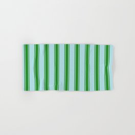 [ Thumbnail: Powder Blue and Forest Green Colored Stripes Pattern Hand & Bath Towel ]