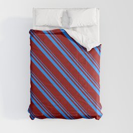 [ Thumbnail: Blue and Dark Red Colored Stripes Pattern Comforter ]