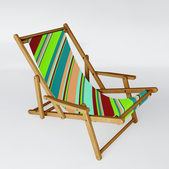 Eyecatching Dark Cyan, Brown, Aquamarine, Dark Red, and Chartreuse Colored Striped/Lined Pattern Sling Chair
