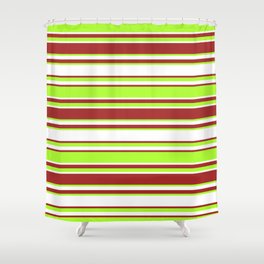 [ Thumbnail: Brown, Light Green & White Colored Lined Pattern Shower Curtain ]