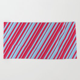 [ Thumbnail: Crimson & Sky Blue Colored Lines Pattern Beach Towel ]