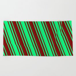 [ Thumbnail: Green & Maroon Colored Striped/Lined Pattern Beach Towel ]