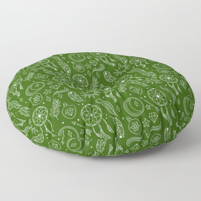 Green And White Hand Drawn Boho Pattern Floor Pillow