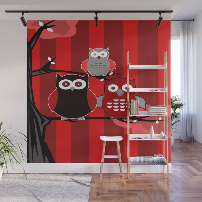 Red Owls Wall Mural