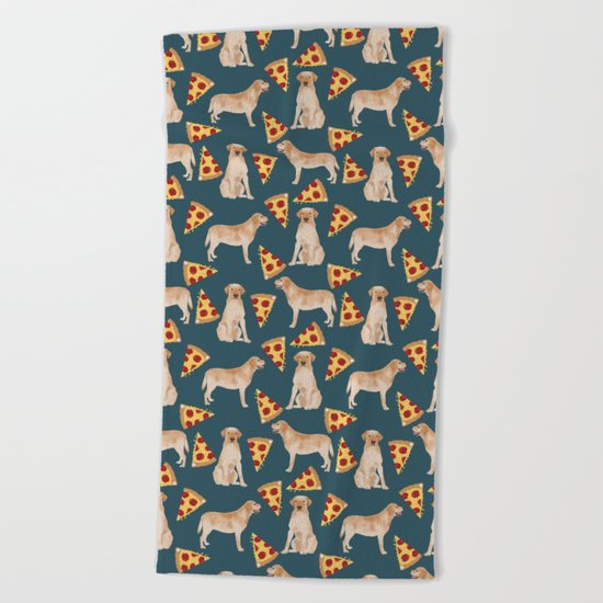 Yellow Labrador pizza cheesy slice of pizza food trendy pet gifts for yellow lab owners dog breed Beach Towel