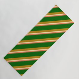 [ Thumbnail: Eyecatching Dark Green, Dark Goldenrod, Beige, Coral & Dark Olive Green Colored Lined Pattern Yoga Mat ]