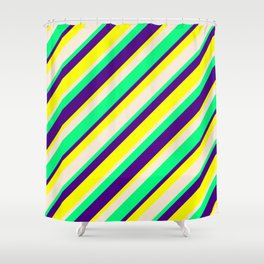 [ Thumbnail: Indigo, Yellow, Beige & Green Colored Pattern of Stripes Shower Curtain ]
