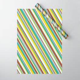 [ Thumbnail: Colorful Grey, Light Sea Green, Yellow, Light Cyan & Sienna Colored Pattern of Stripes Wrapping Paper ]