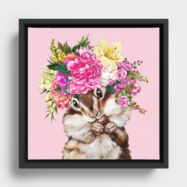 Flower Crown Squirrel in Pink Framed Canvas
