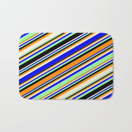 [ Thumbnail: Vibrant Dark Orange, Beige, Blue, Green, and Black Colored Lines/Stripes Pattern Bath Mat ]