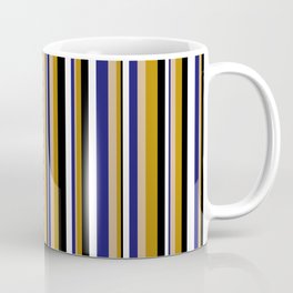 [ Thumbnail: Tan, Dark Goldenrod, Black, White & Midnight Blue Colored Lines/Stripes Pattern Coffee Mug ]