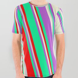 [ Thumbnail: Colorful Orchid, Green, Red, Light Gray, and Beige Colored Striped/Lined Pattern All Over Graphic Tee ]