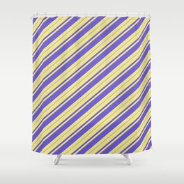 [ Thumbnail: Tan & Slate Blue Colored Stripes Pattern Shower Curtain ]