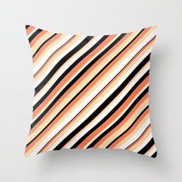 [ Thumbnail: Coral, Tan, White & Black Colored Lines/Stripes Pattern Throw Pillow ]