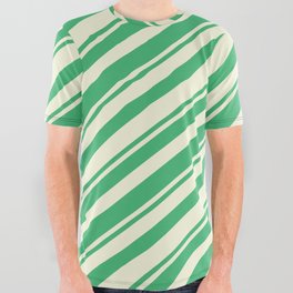 [ Thumbnail: Sea Green & Beige Colored Lines Pattern All Over Graphic Tee ]