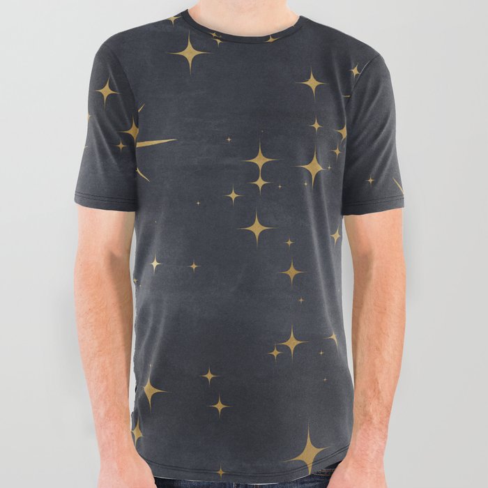 Gold Stars Black Ink Night Sky Magical Mid Century Pattern All Over Graphic Tee